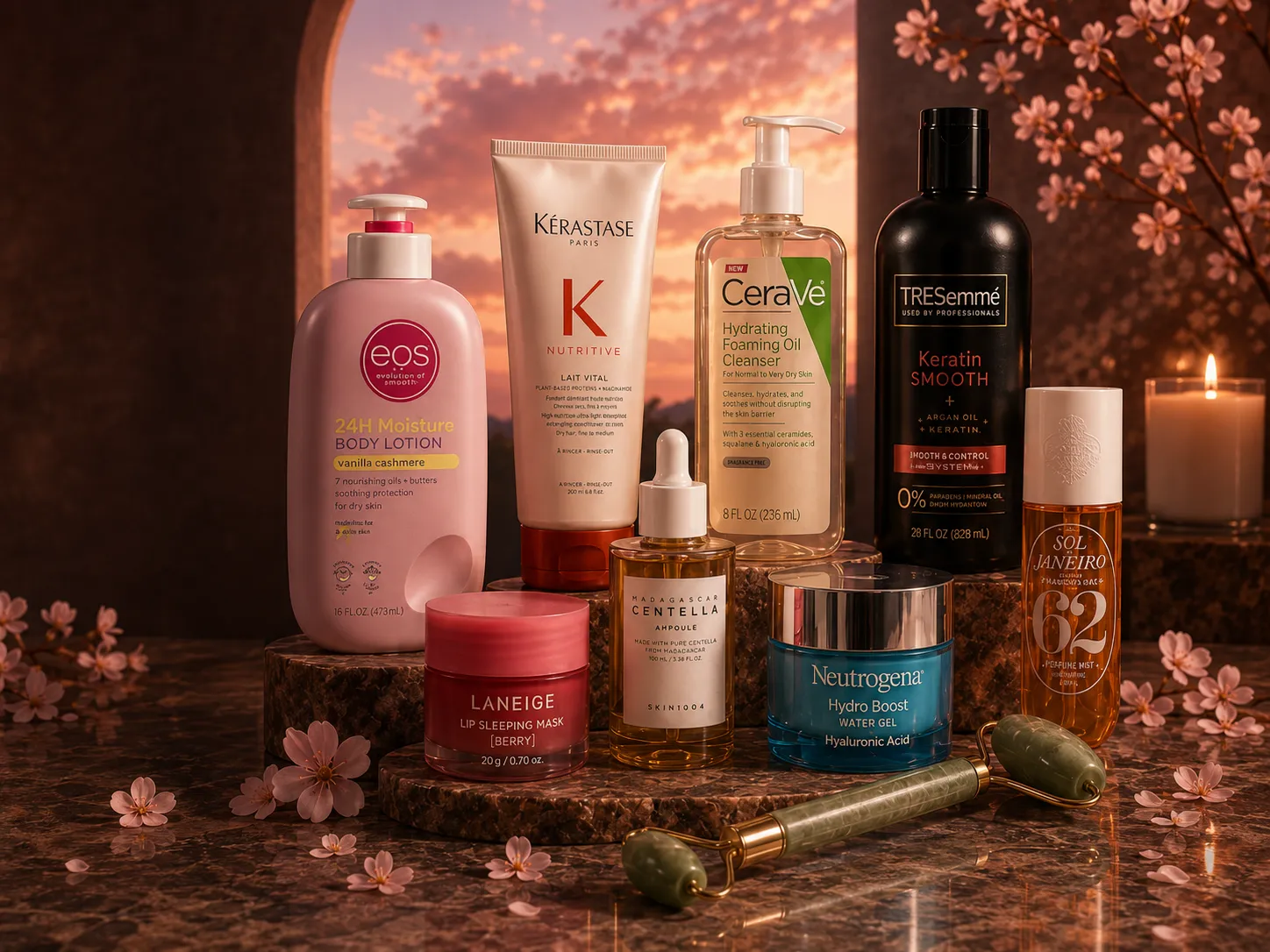 Premium beauty products arranged at sunset